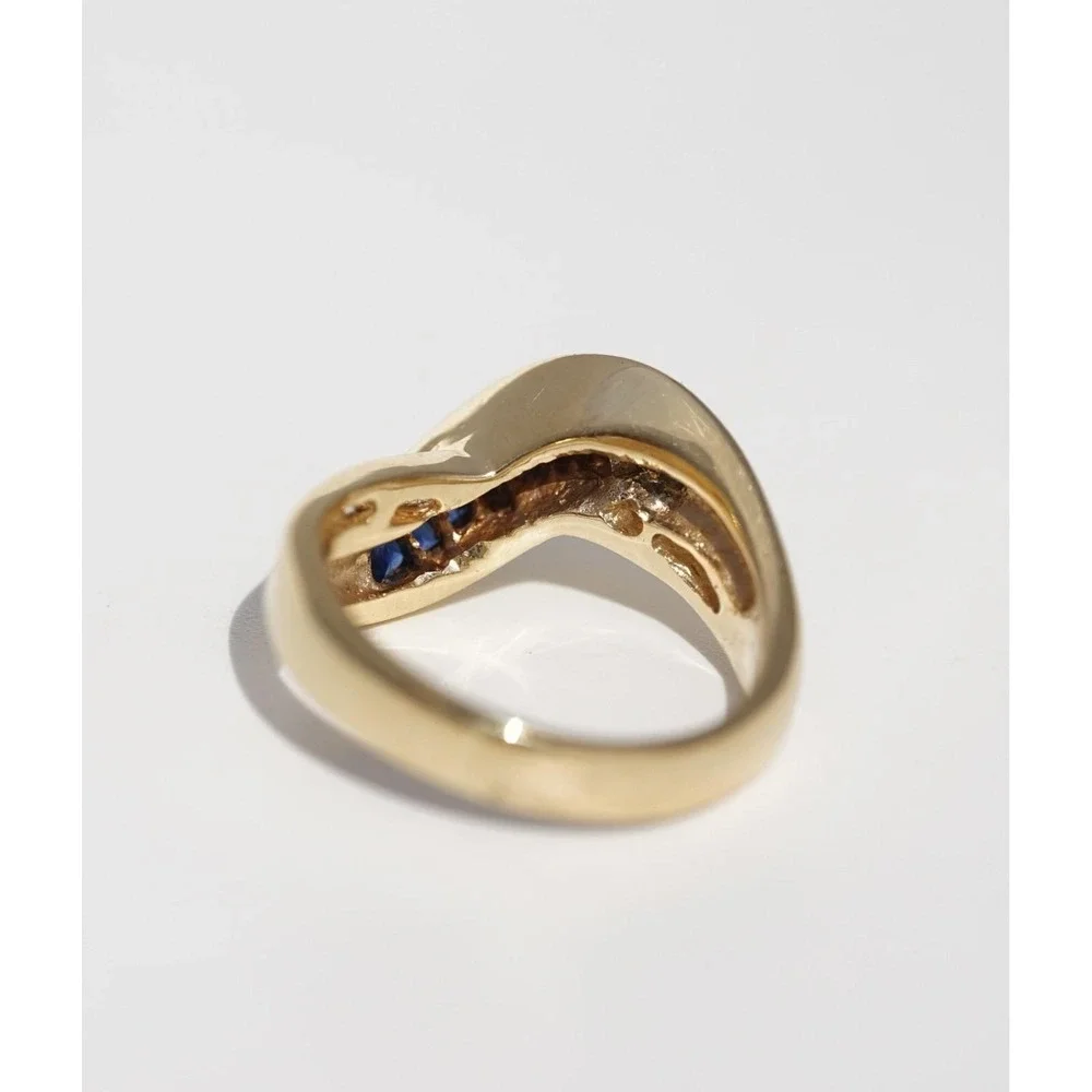 VIntage 14k Solid Yellow Gold Blue Sapphire & High Quality Diamond Ring Baguette - Picture 6 of 8
